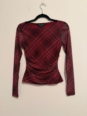 NWT Rachel Zoe Burgundy Plaid Ruched Long-Sleeve Top